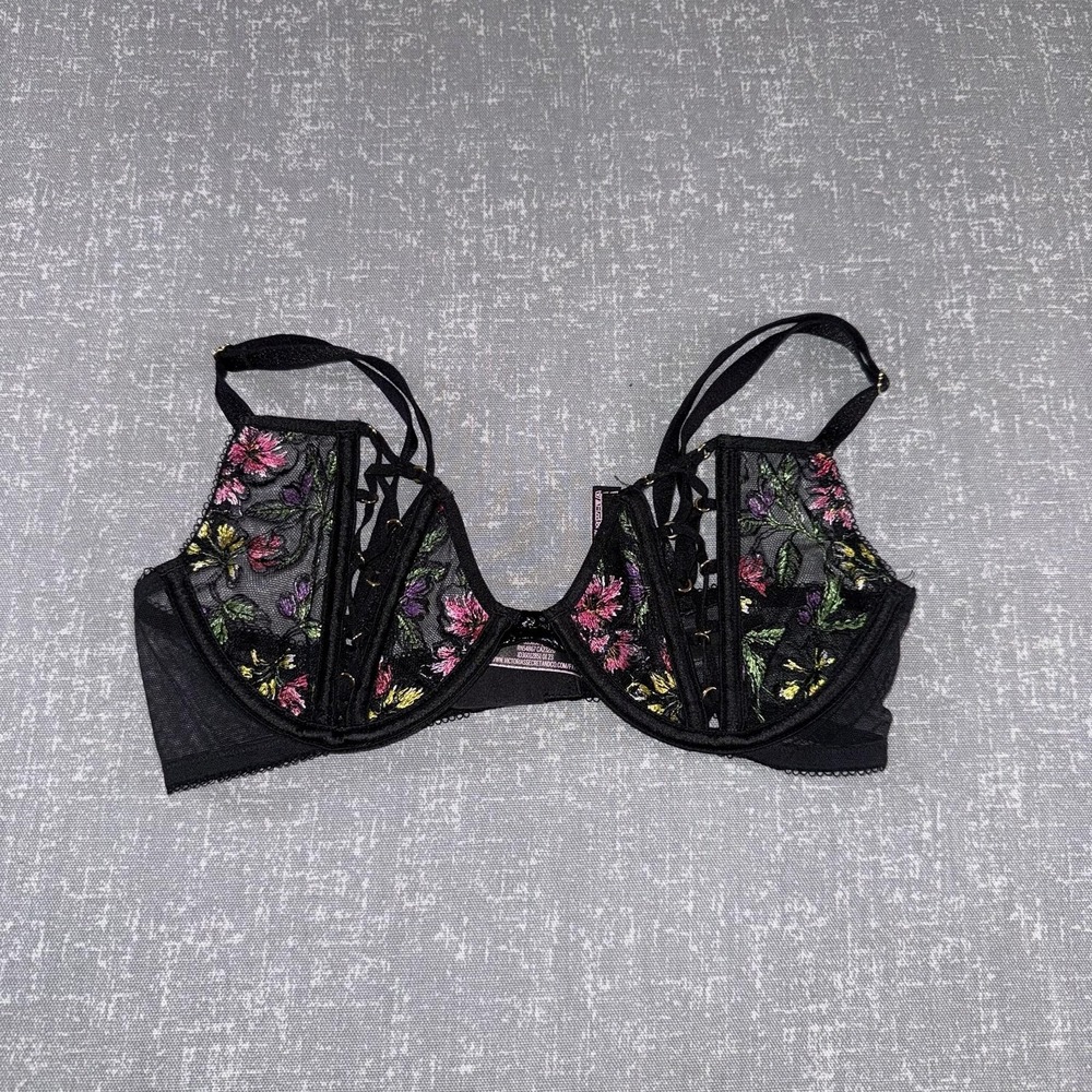 Victorias Secret Very Sexy Bra Womens 32C Black Floral Mesh Balconette Underwire